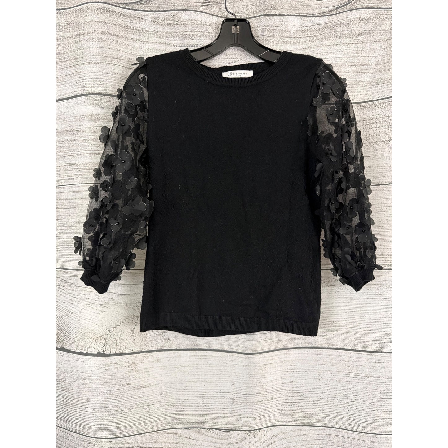 Sioni Milano Black Sweater With Sheer Floral Puffed Sleeves Size S