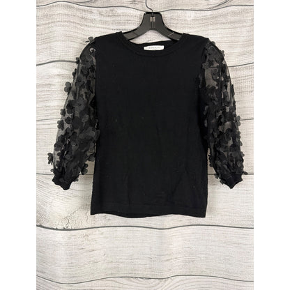 Sioni Milano Black Sweater With Sheer Floral Puffed Sleeves Size S
