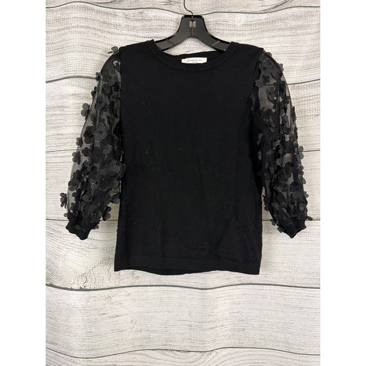 Sioni Milano Black Sweater With Sheer Floral Puffed Sleeves Size S