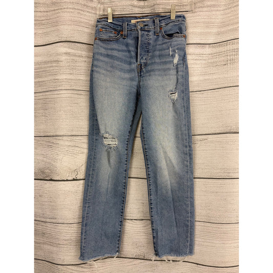 Levis Wedgie Straight Jeans Distressed Light Wash Raw Hem Size 26