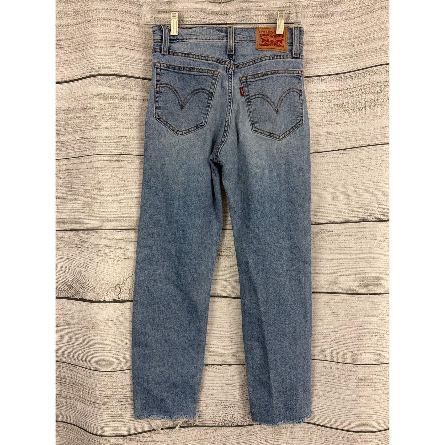 Levis Wedgie Straight Jeans Distressed Light Wash Raw Hem Size 26