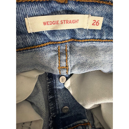 Levis Wedgie Straight Jeans Distressed Light Wash Raw Hem Size 26