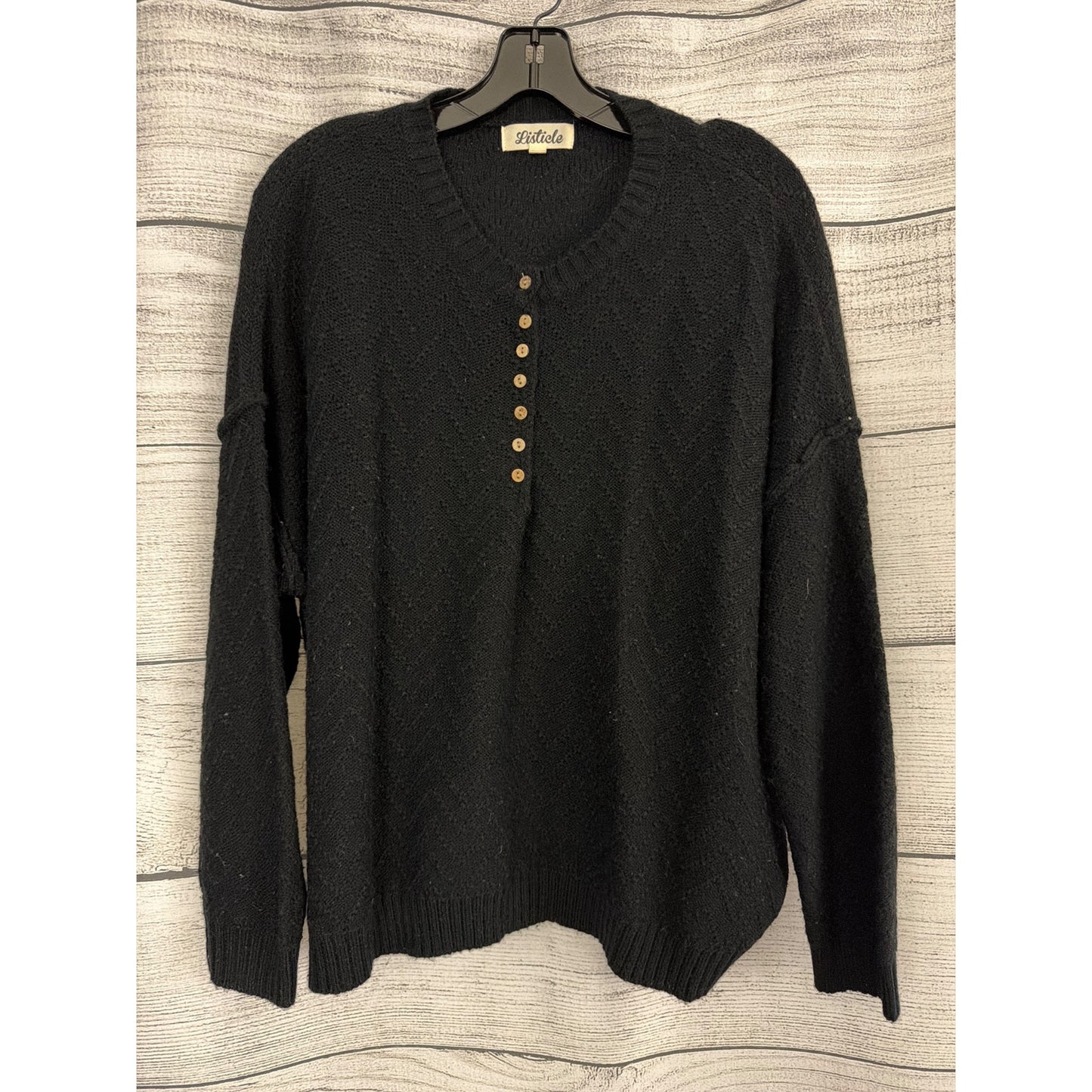 Listicle Black Ribbed Knit Sweater With Button Detail & Chevron Pattern Size S
