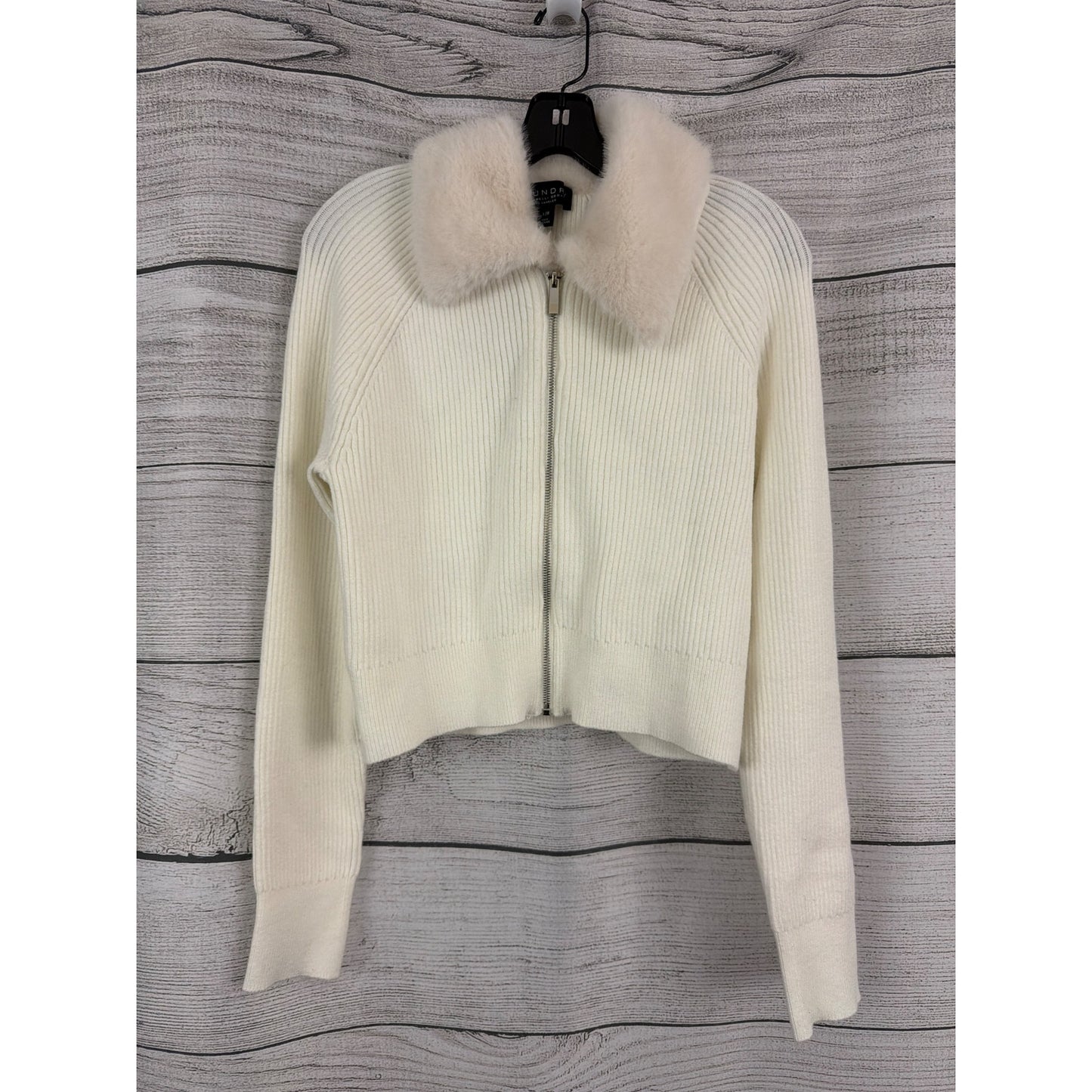 NWT Laundry By Shelli Segal Ribbed Cropped Knit Sweater W/ Faux Fur Size L