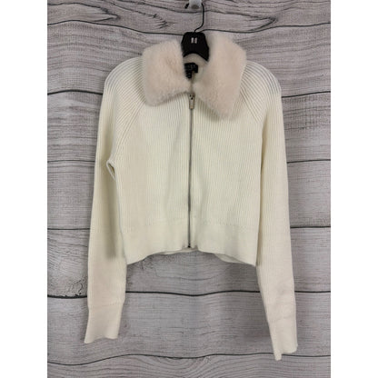 NWT Laundry By Shelli Segal Ribbed Cropped Knit Sweater W/ Faux Fur Size L