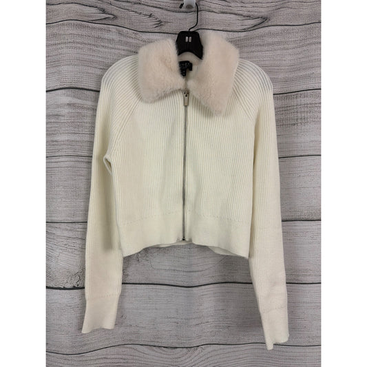 NWT Laundry By Shelli Segal Ribbed Cropped Knit Sweater W/ Faux Fur Size L