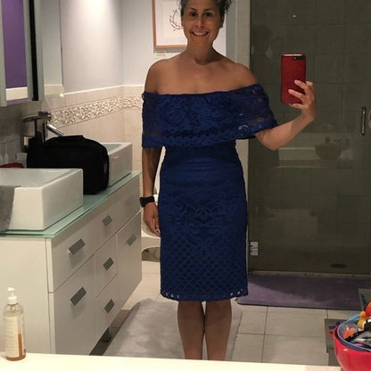 Sharagano Blue Off-Shoulder Cocktail Dress With Lace Design Size 4P