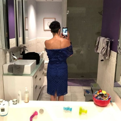 Sharagano Blue Off-Shoulder Cocktail Dress With Lace Design Size 4P