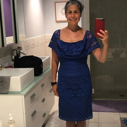 Sharagano Blue Off-Shoulder Cocktail Dress With Lace Design Size 4P