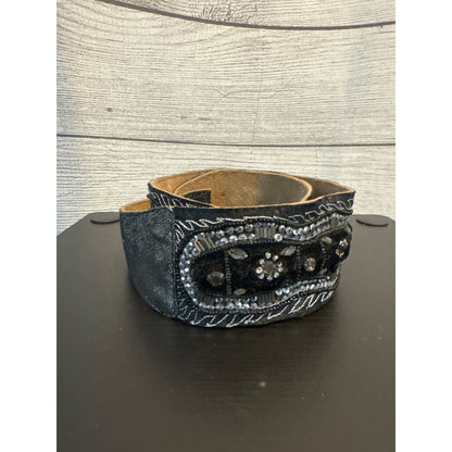 Handcrafted Beaded Black Western Style Belt With Silver Accents