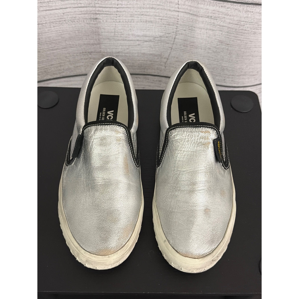 Golden Goose VCE Slip-On Sneakers Silver/Black Leather Size 38