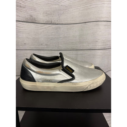 Golden Goose VCE Slip-On Sneakers Silver/Black Leather Size 38