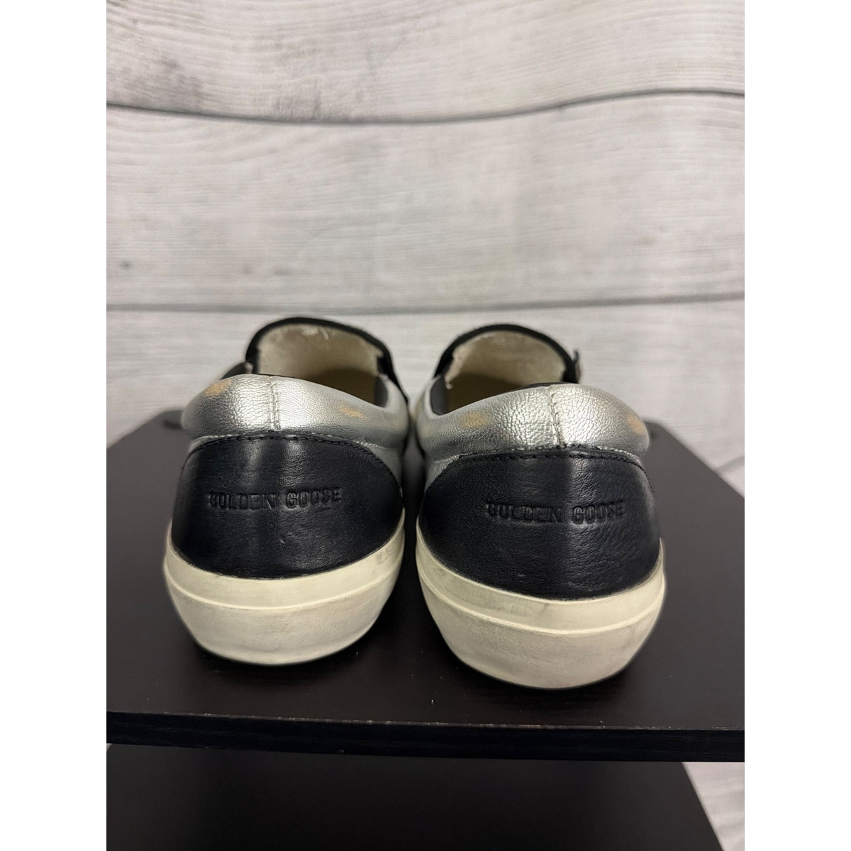 Golden Goose VCE Slip-On Sneakers Silver/Black Leather Size 38