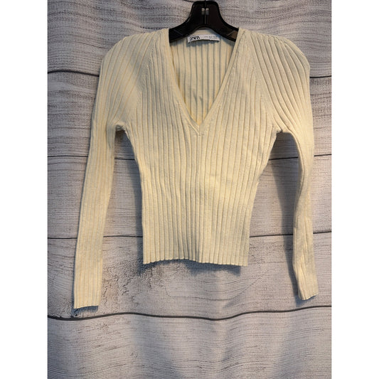 Zara Cream Ribbed V-Neck Long Sleeve Knit Sweater Size M