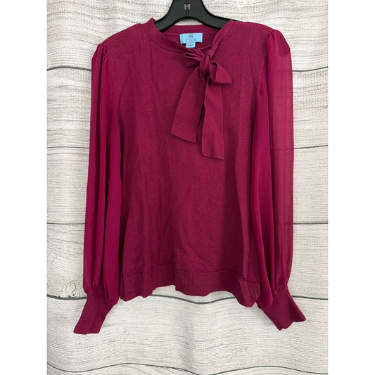 CeCe Mixed Mediaa Sheer Sleeve Bow-Tie Sweater Blouse Size S