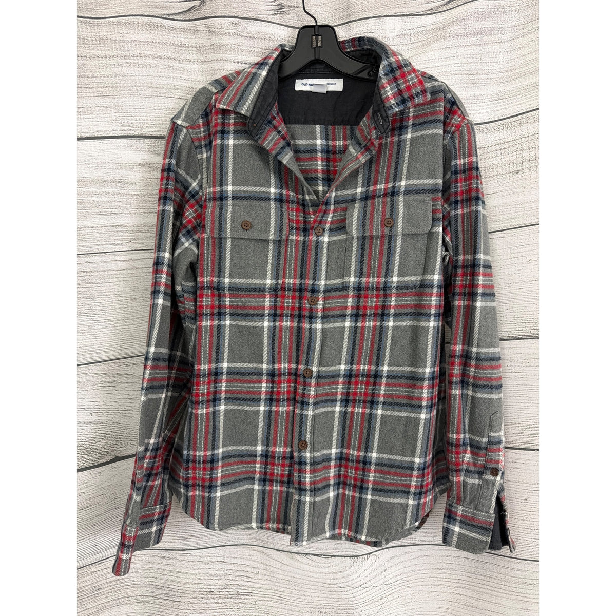 Men Old Navy Red Gray Plaid Button-Up Flannel Shirt Size M