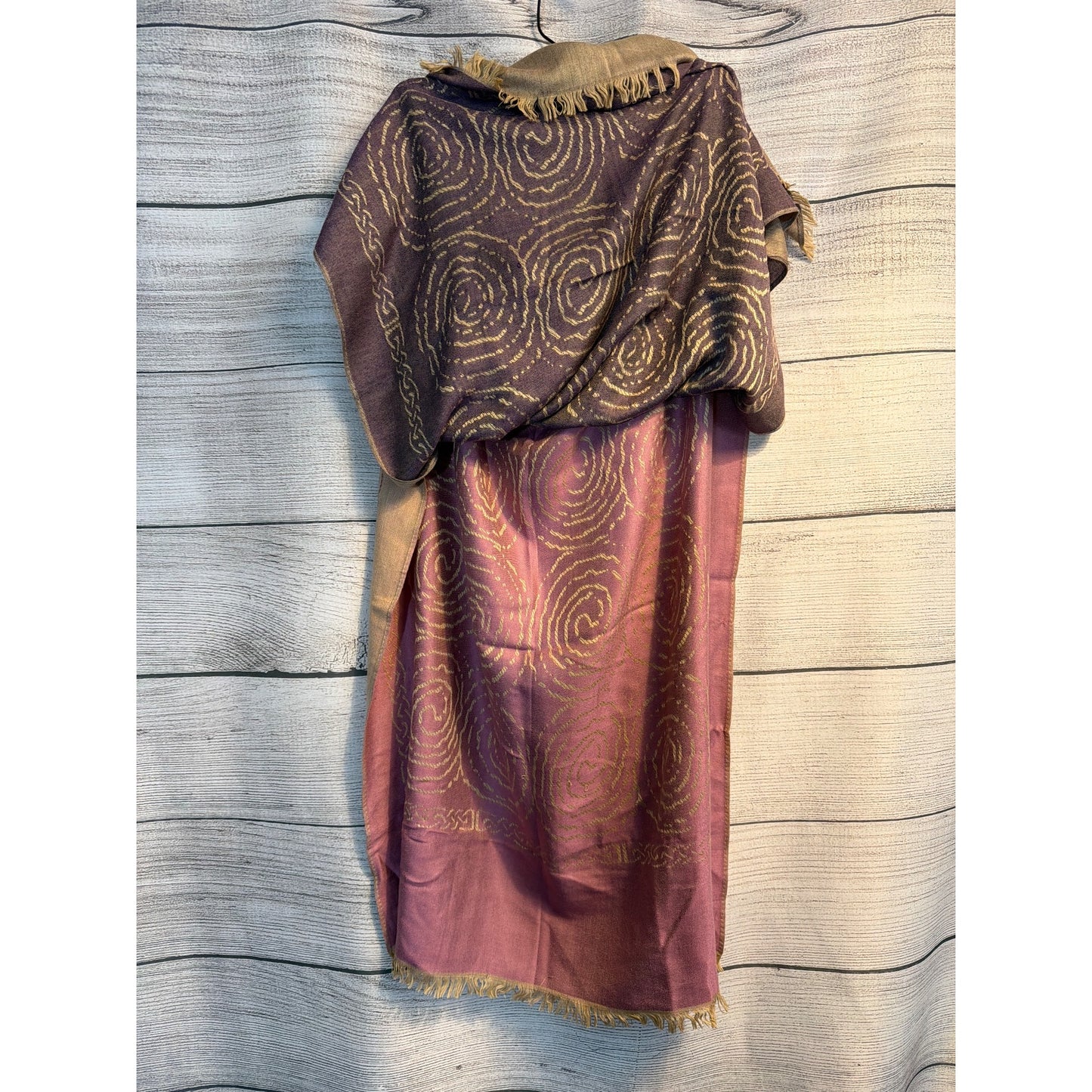 Pretty Persuasions Boho Style Wrap Scarf With Gold Swirl Pattern & Frayed Edges