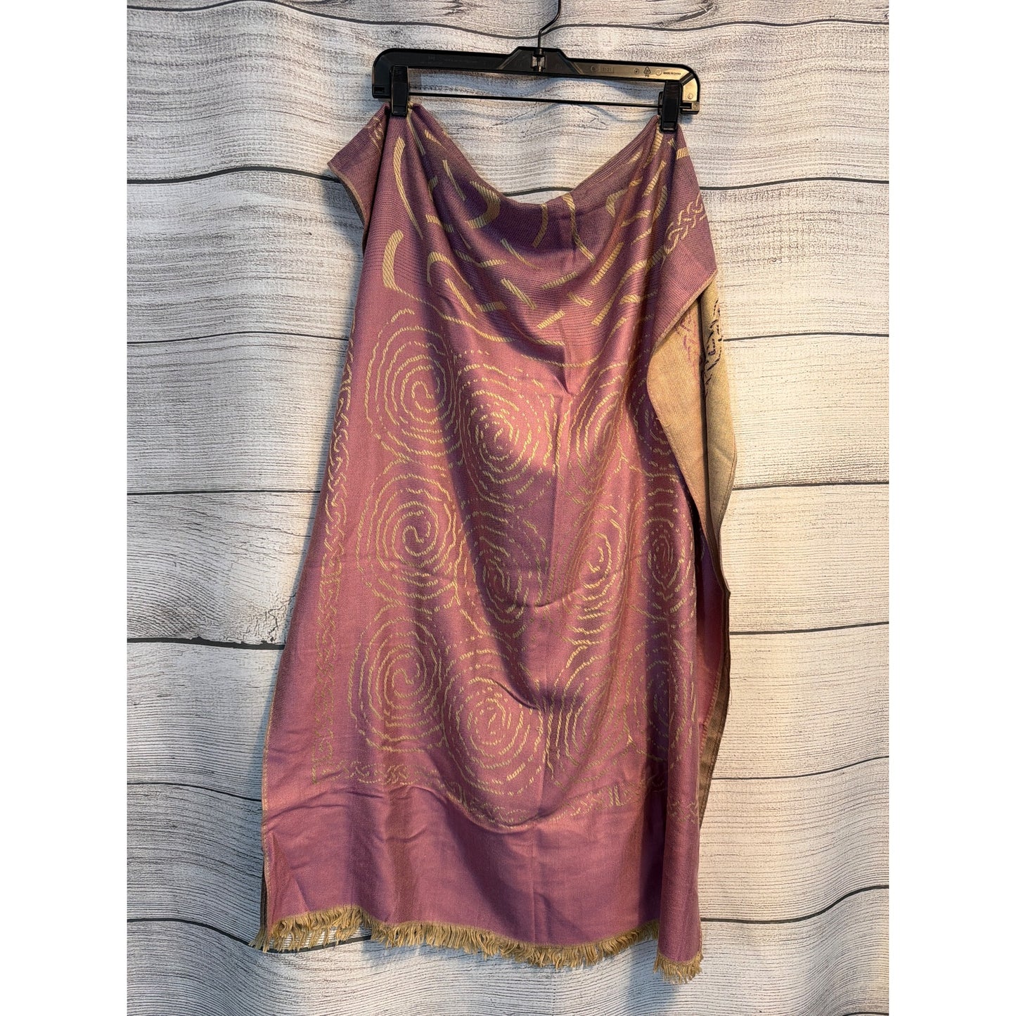 Pretty Persuasions Boho Style Wrap Scarf With Gold Swirl Pattern & Frayed Edges