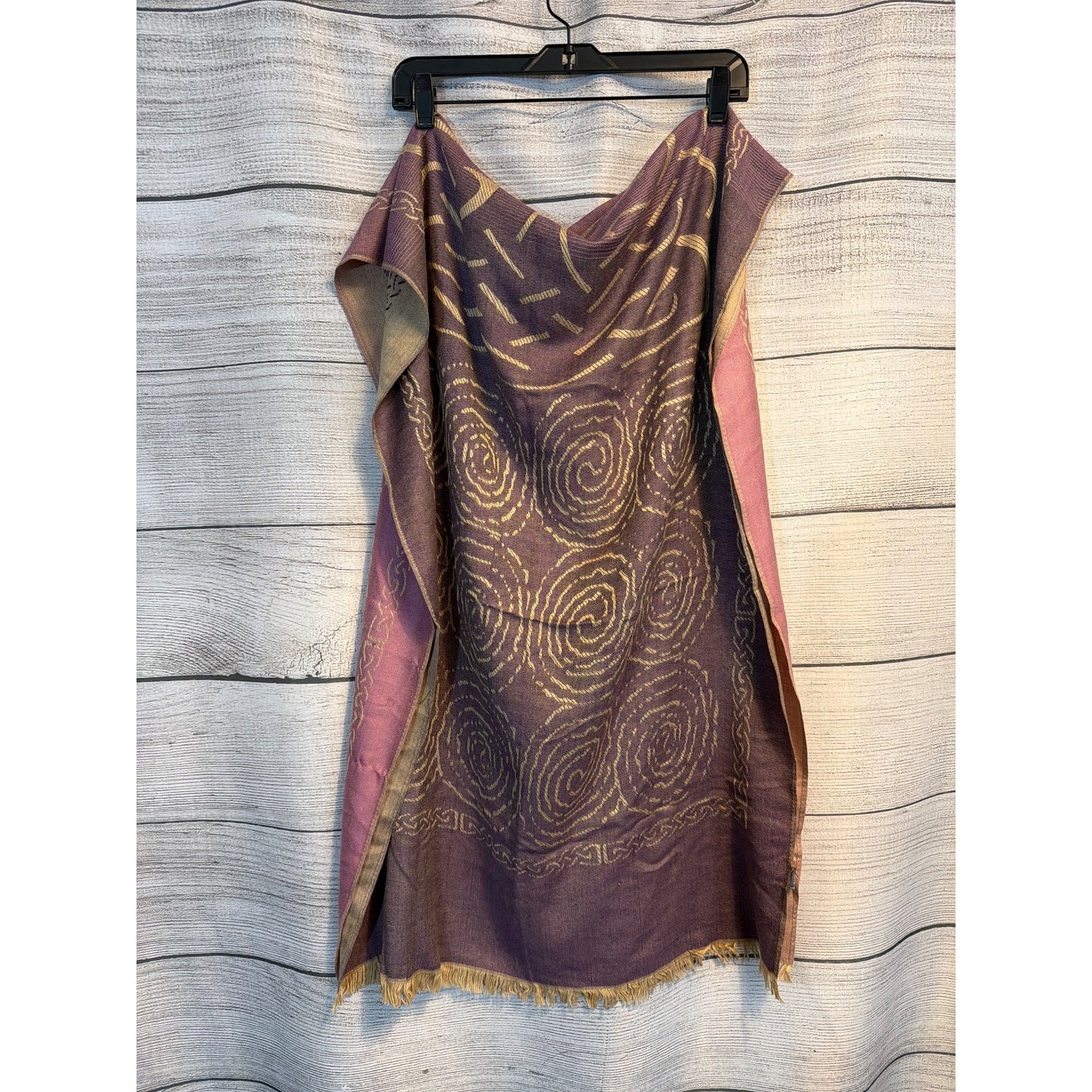 Pretty Persuasions Boho Style Wrap Scarf With Gold Swirl Pattern & Frayed Edges