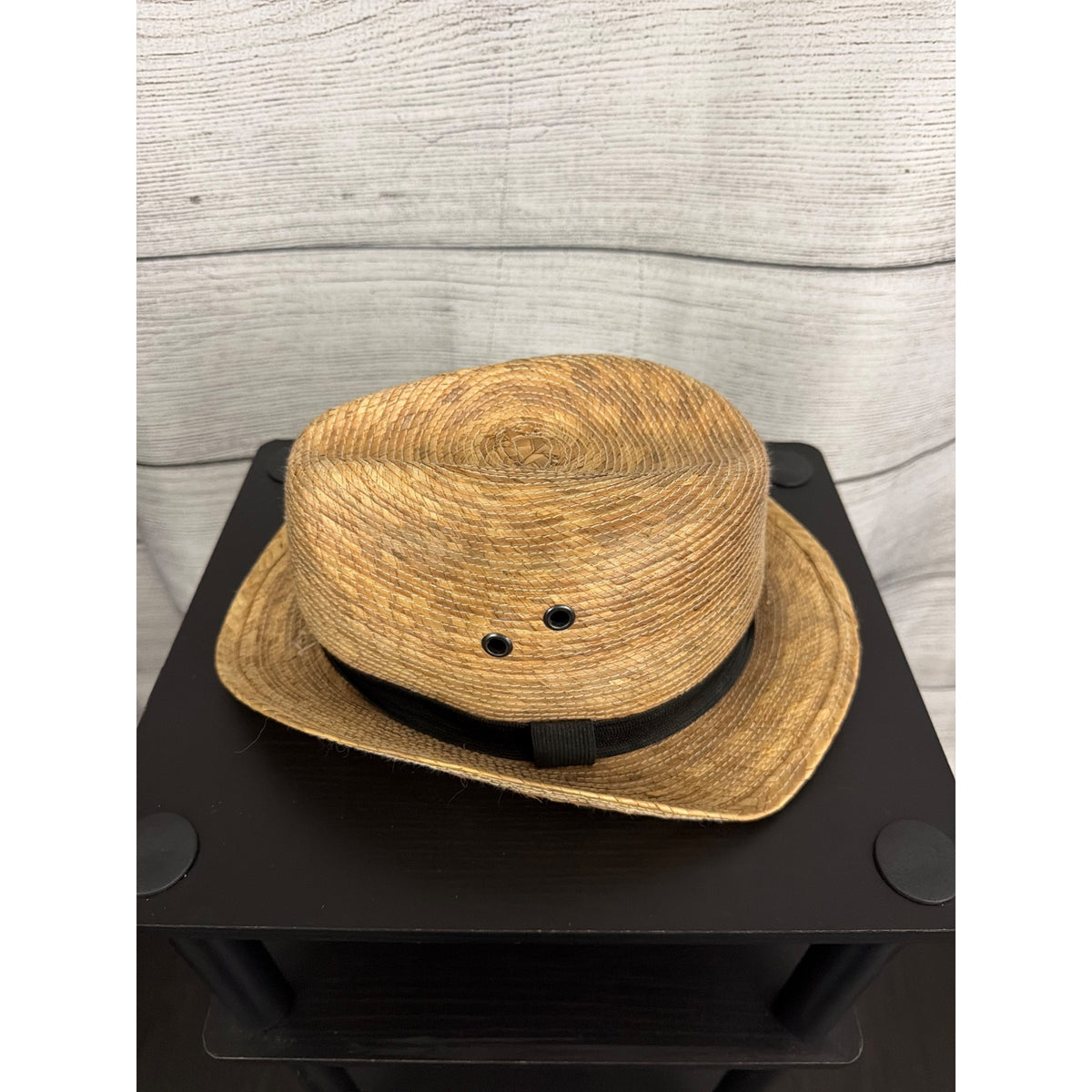Mens Vintage Straw Fedora Hat With Black Band