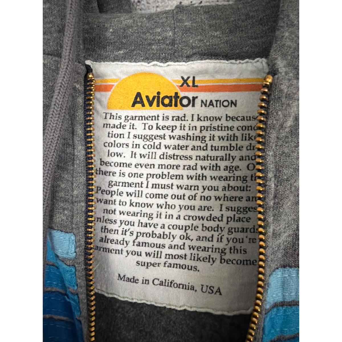 Unisex Aviator Nation Gray Hoodie With Blue Stripe Design Full Zip Size XL