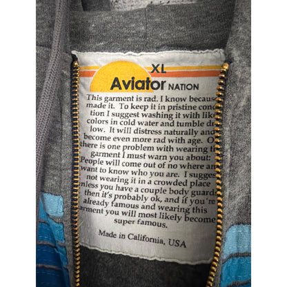 Unisex Aviator Nation Gray Hoodie With Blue Stripe Design Full Zip Size XL