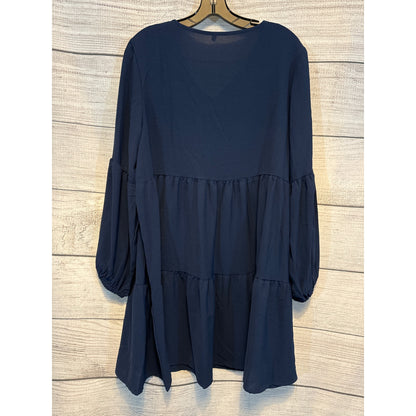 V-Neck Tiered Navy Blue Long Sleeve Dress Size L