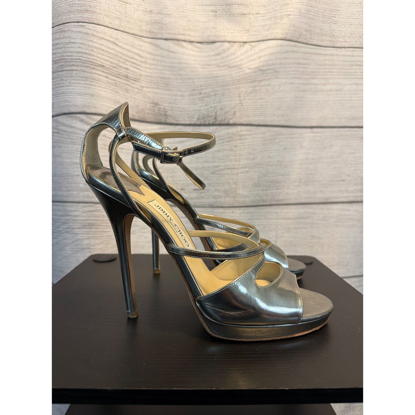 Jimmy Choo Metallic Silver Strappy Stiletto Heels Size 39.5