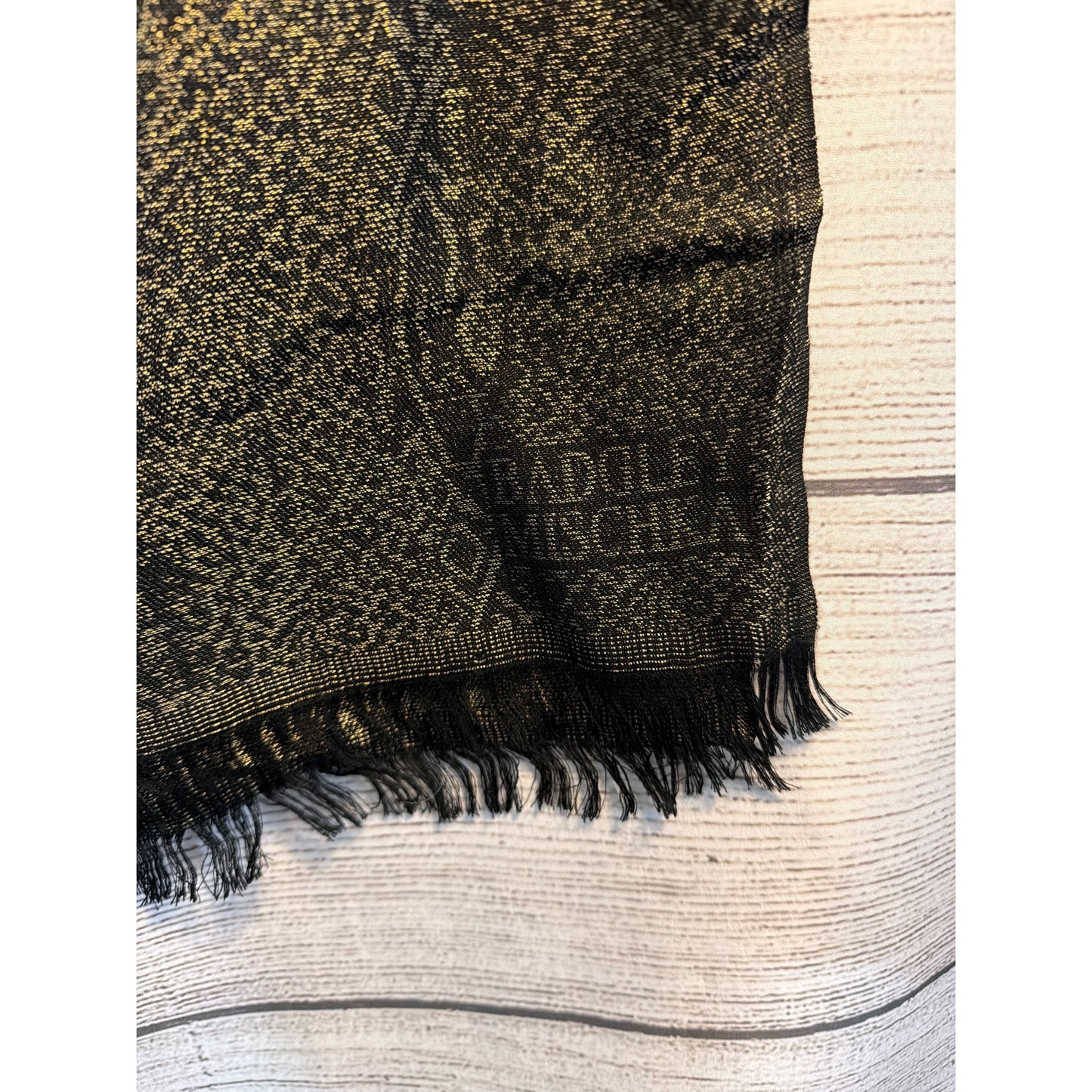 Badgley Mischka Black & Gold Animal Print Scarf With Fringe Trim