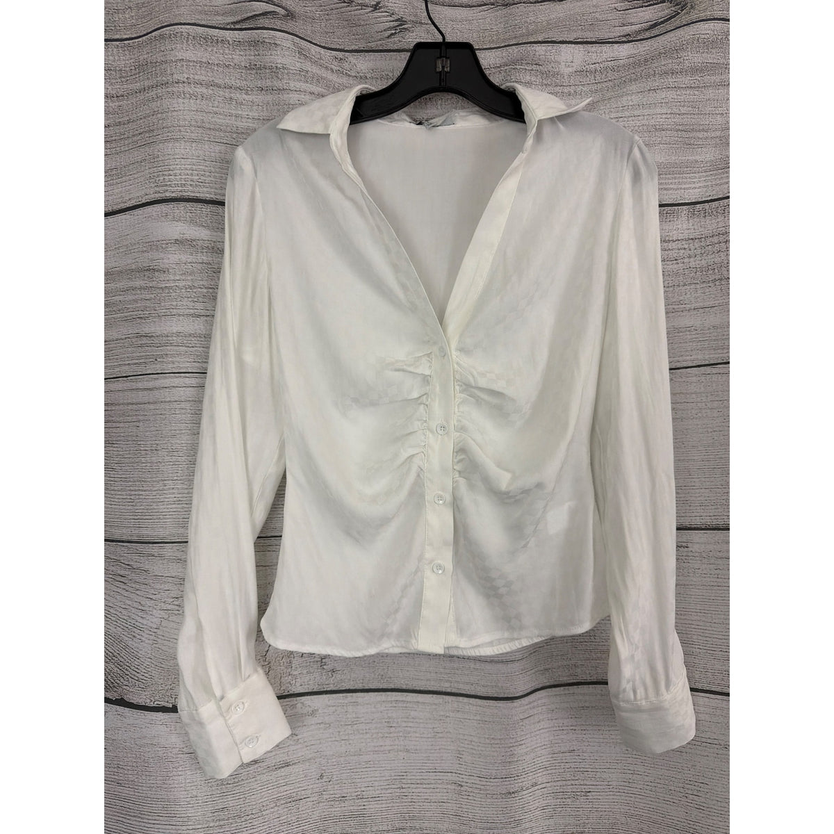 Fate Button-Up Shirt With Ruched Front & Checkered Texture Size S