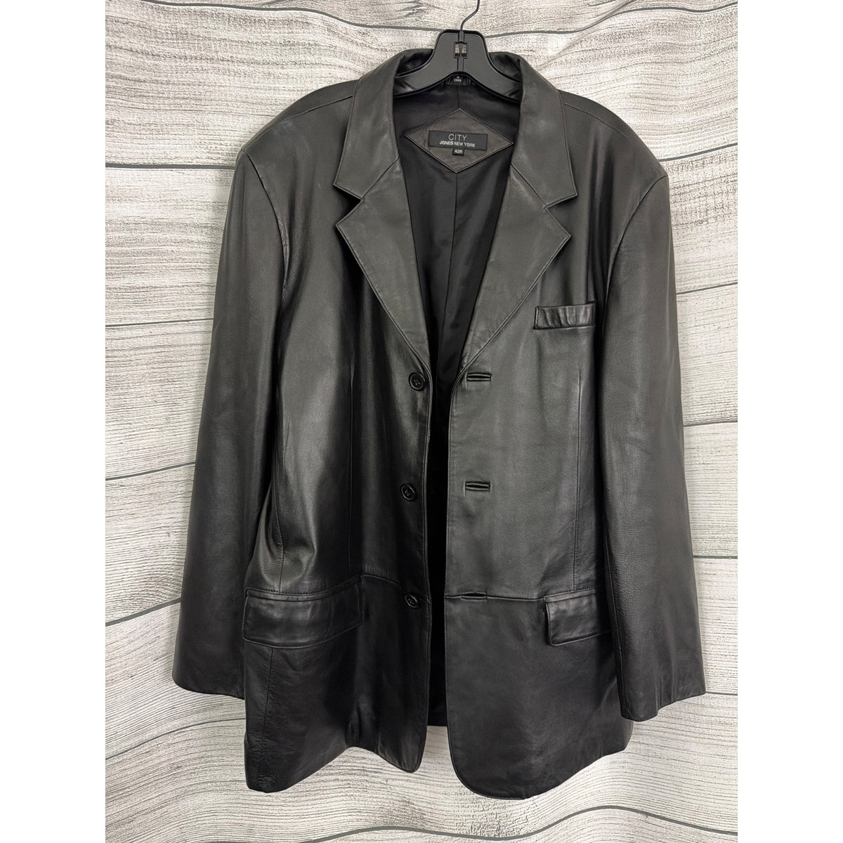 Mens City Jones New York Black Leather Blazer Jacket Size 42R