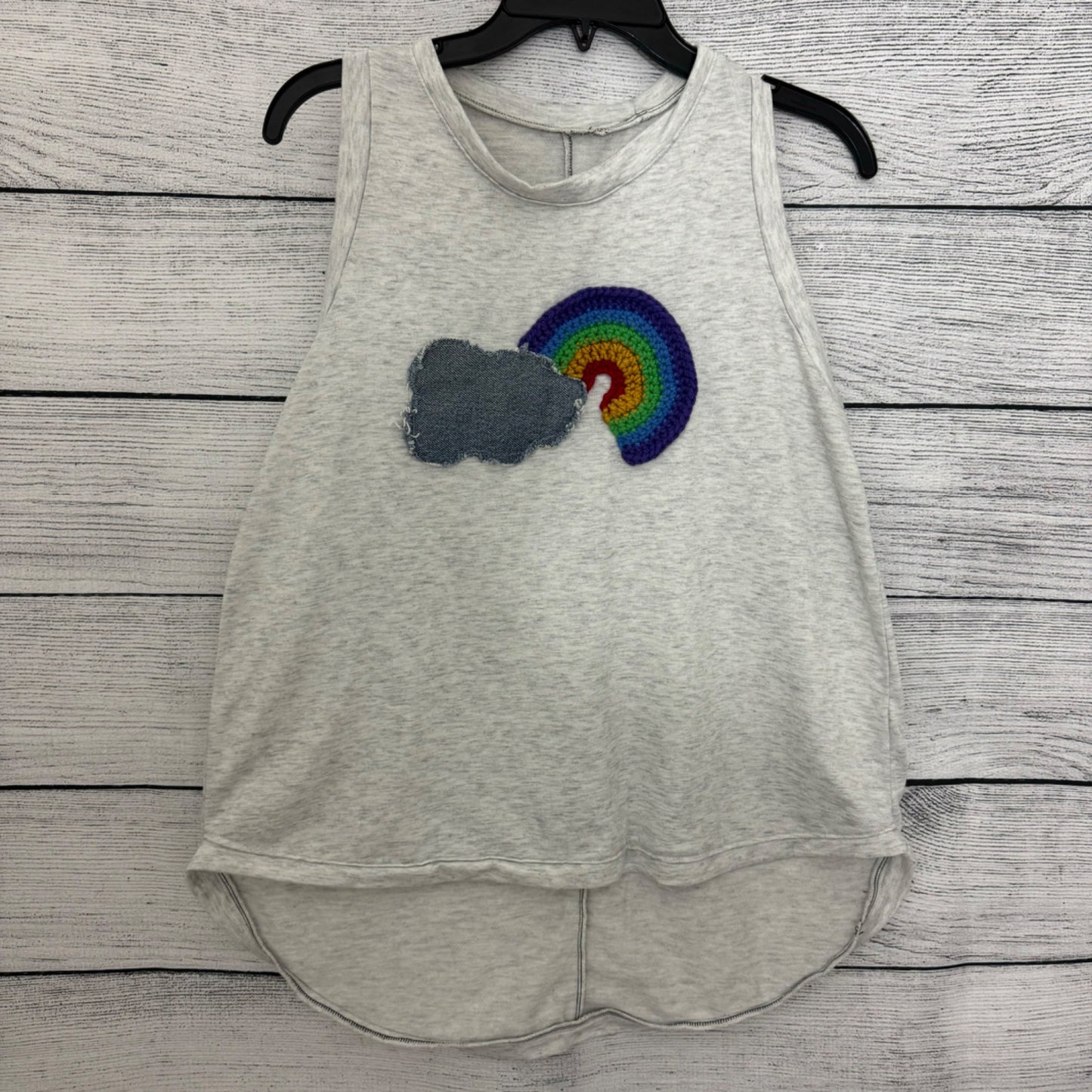 BeMo Designs Sleeveless Gray Tank Top With Crochet Rainbow & Denim Cloud Patch Size S