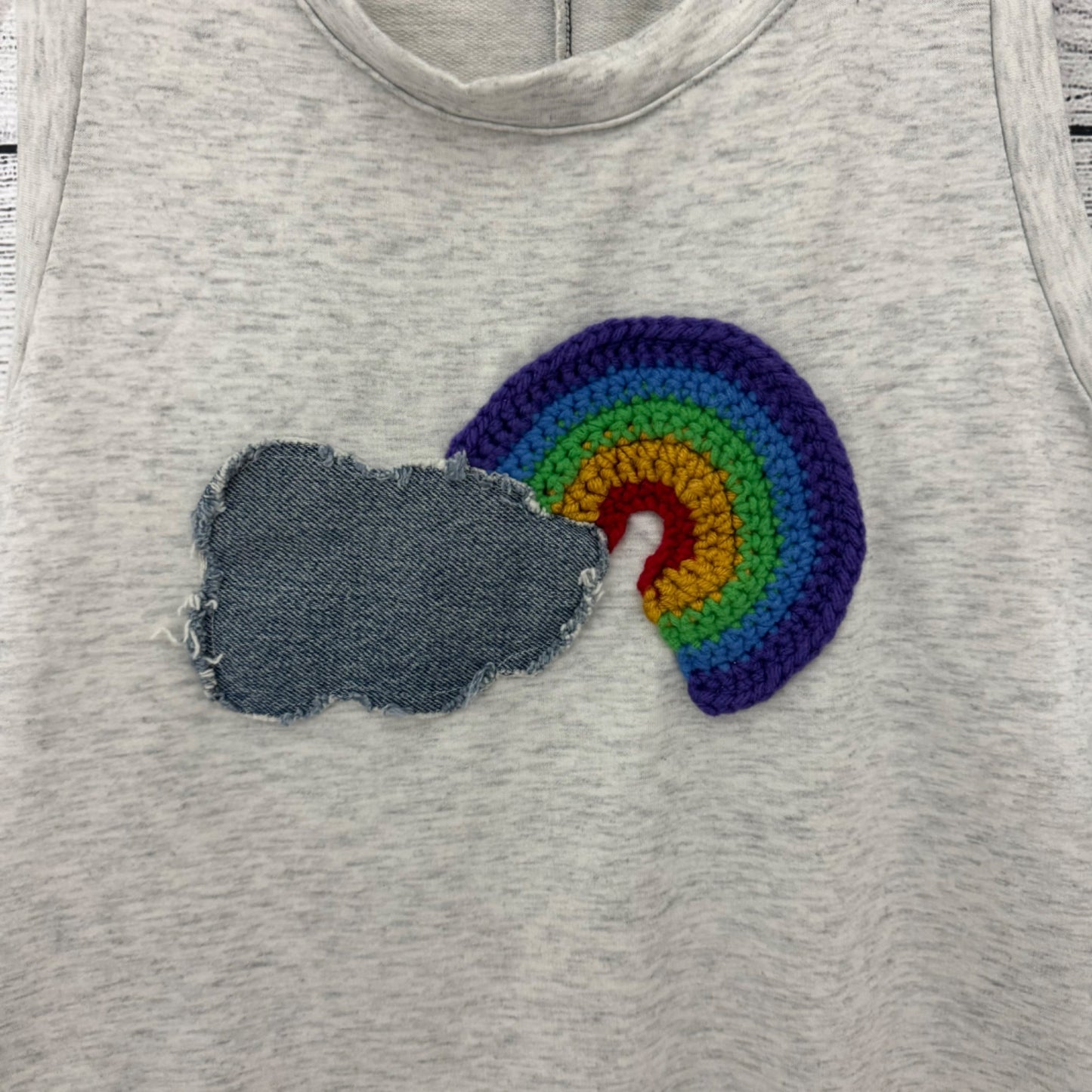 BeMo Designs Sleeveless Gray Tank Top With Crochet Rainbow & Denim Cloud Patch Size S