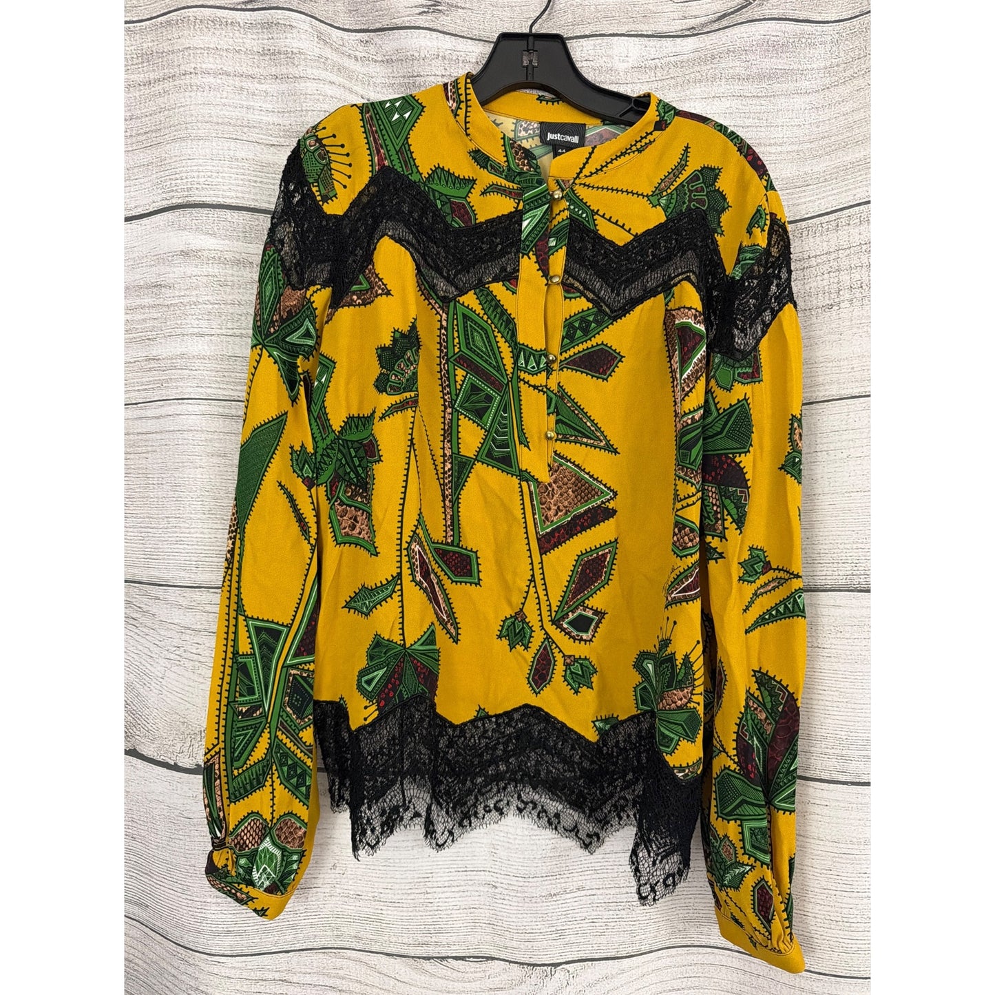 Just Cavalli Printed Yellow Blouse With Lace Trim & Long Sleeves Size 44/L