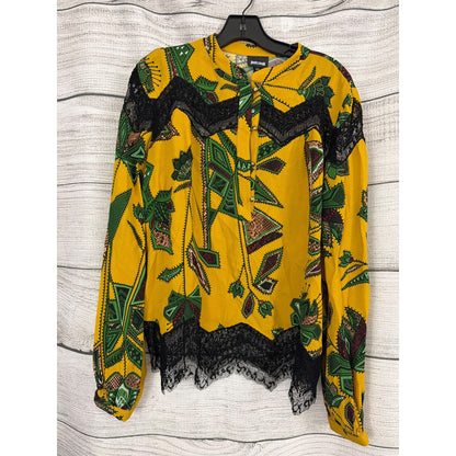 Just Cavalli Printed Yellow Blouse With Lace Trim & Long Sleeves Size 44/L