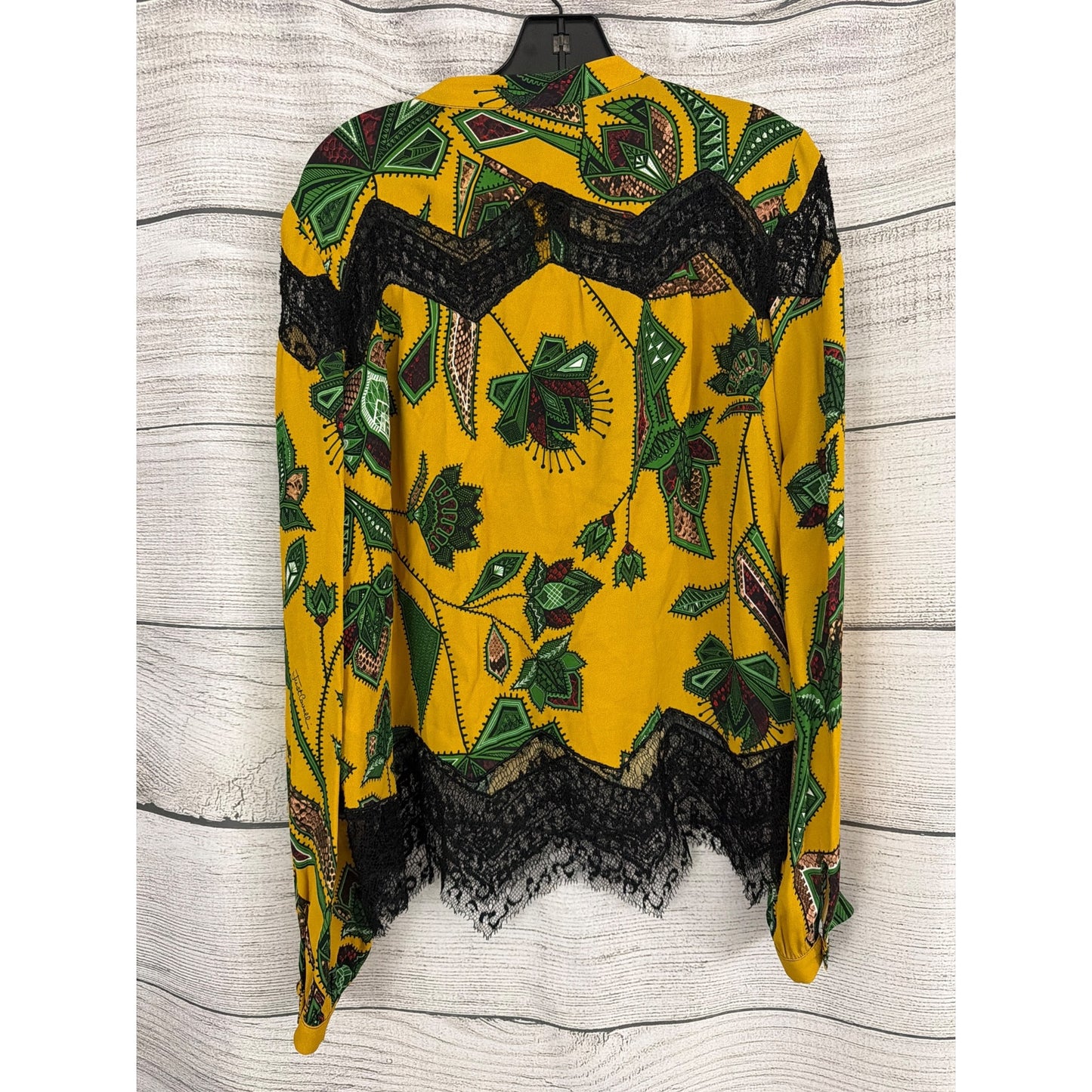 Just Cavalli Printed Yellow Blouse With Lace Trim & Long Sleeves Size 44/L
