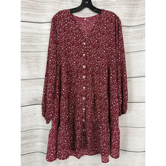 Maroon Long Sleeve Button-Down A-Line Dress With Tiered Skirt Size L