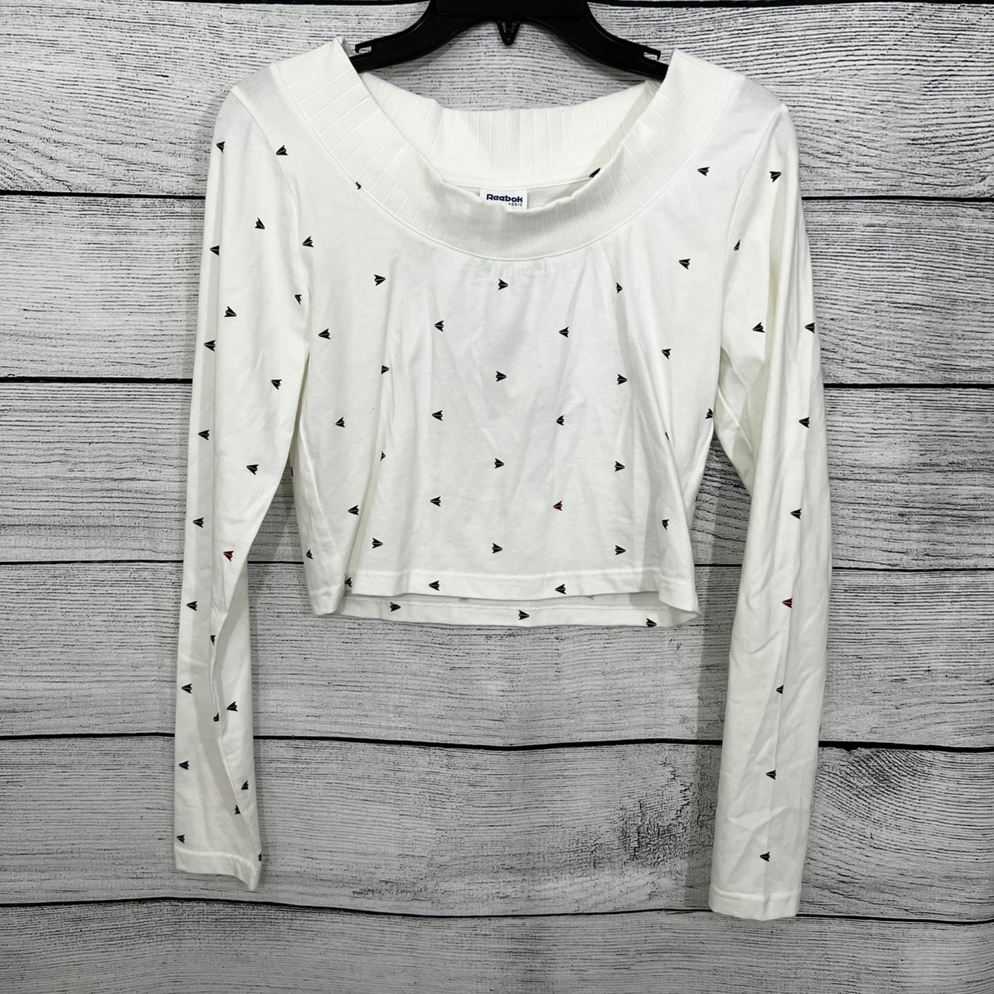 Reebok White Long Sleeve Crop Top Triangle Print, Size Small