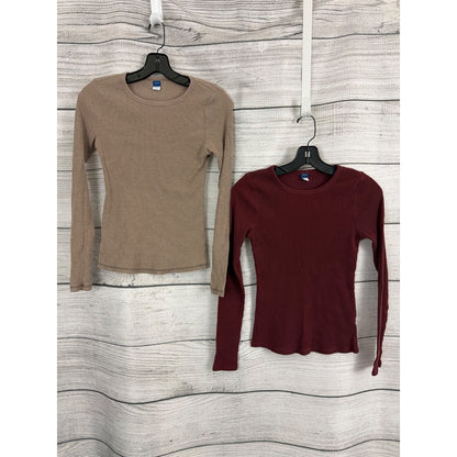 Old Navy Plush Tee Set Of 2 Ribbed Long Sleeve Tops Beige & Burgundy Size S