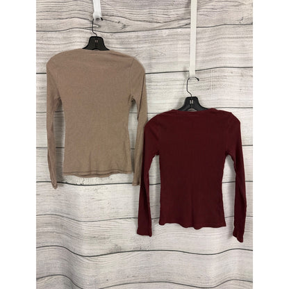 Old Navy Plush Tee Set Of 2 Ribbed Long Sleeve Tops Beige & Burgundy Size S
