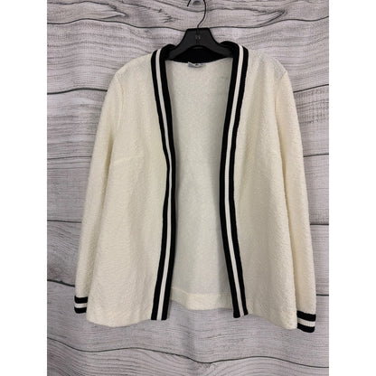 Vintage Bodin Knits Cream Black Trim Open Front Textured Knit Cardigan