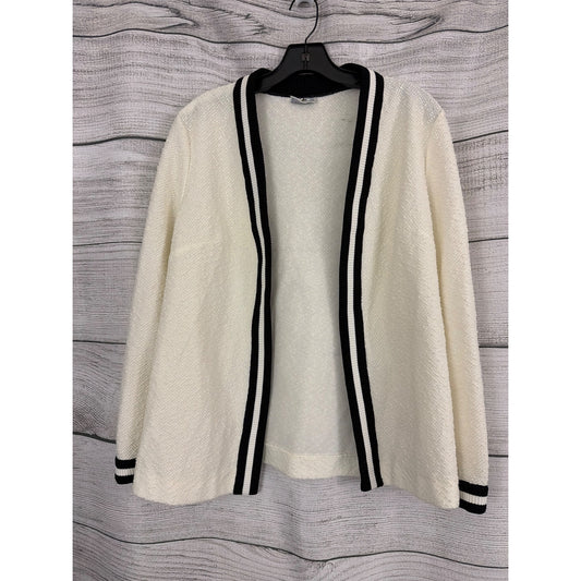 Vintage Bodin Knits Cream Black Trim Open Front Textured Knit Cardigan