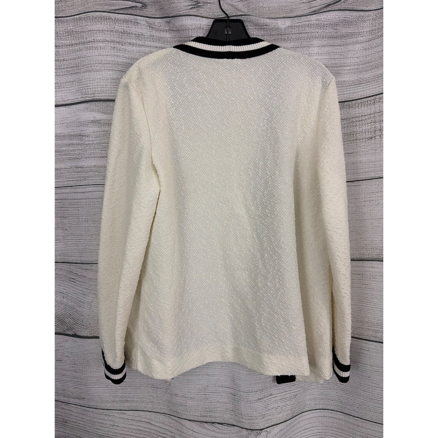 Vintage Bodin Knits Cream Black Trim Open Front Textured Knit Cardigan