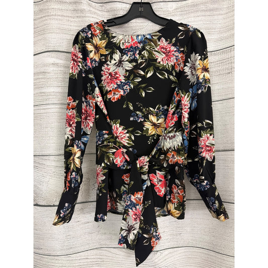 Q2 Collection Floral Black Long-Sleeve Blouse With Waist Tie Size M