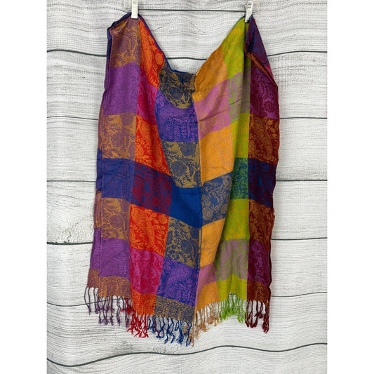 Colorful Patchwork Woven Scarf With Fringe Tassels