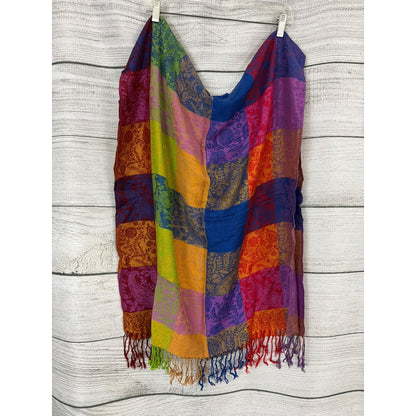 Colorful Patchwork Woven Scarf With Fringe Tassels