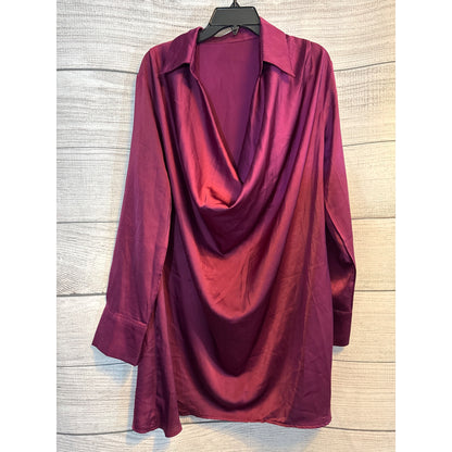 Lyaner Satin Collar V Neck Drape Ruched Front Flowy Long Sleeve Short Mini Dress Size M