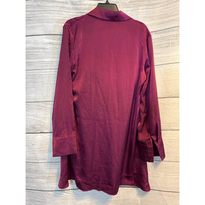 Lyaner Satin Collar V Neck Drape Ruched Front Flowy Long Sleeve Short Mini Dress Size M