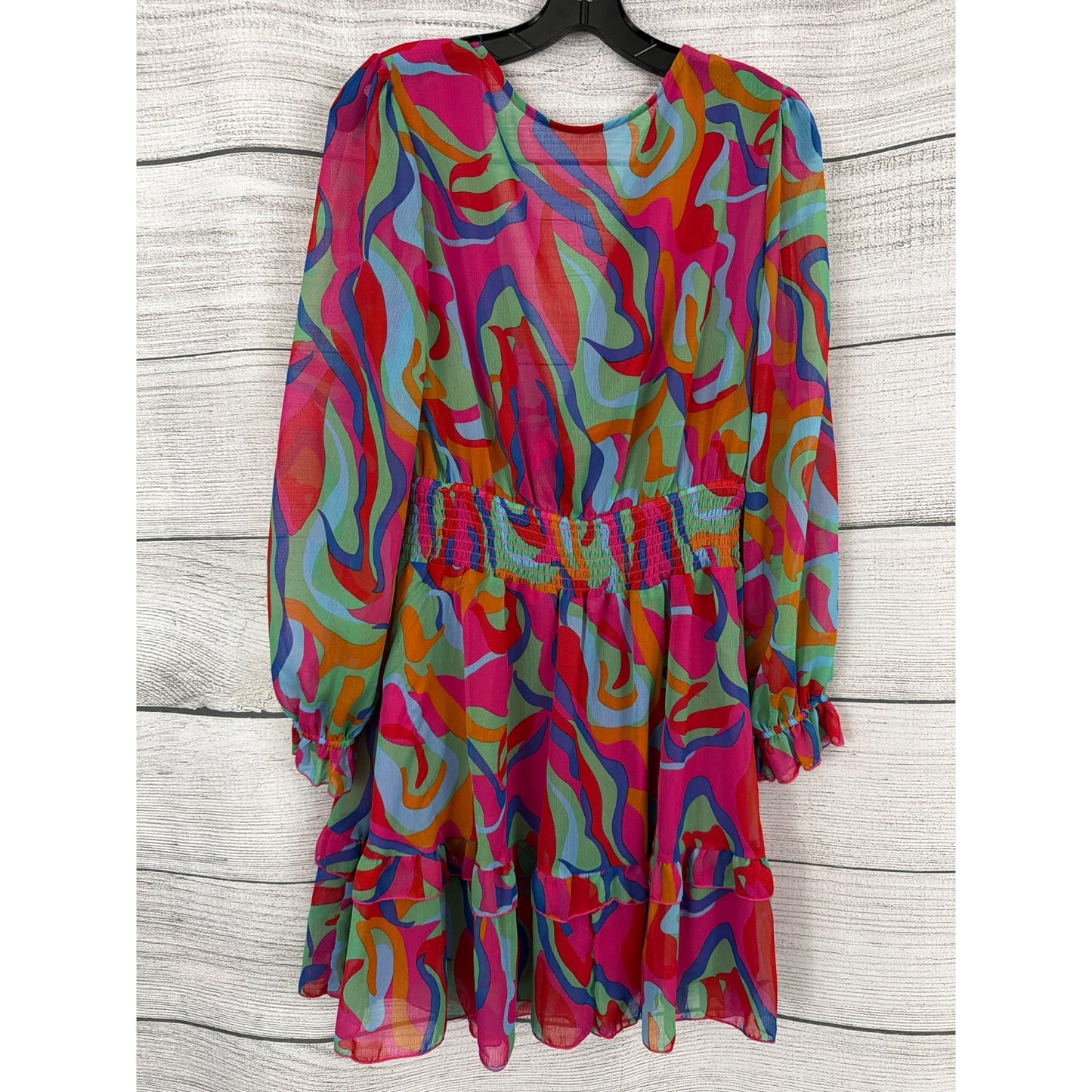 Multicolor Abstract Print Chiffon Dress With Ruffled Hem & Long Sleeves Size L
