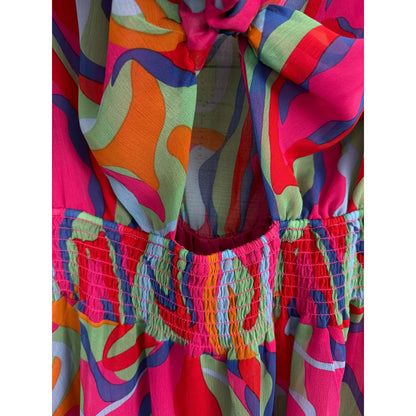 Multicolor Abstract Print Chiffon Dress With Ruffled Hem & Long Sleeves Size L